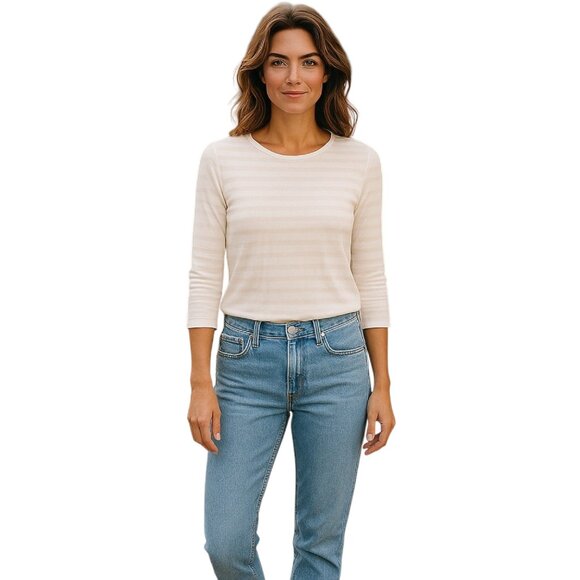 Talbots Stretch Knit Top Women's Size M White stripe 3/4 Sleeve Base Layer Tee - Picture 1 of 10